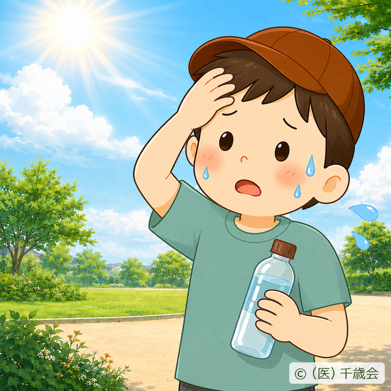 暑さで汗をかき、水分補給をしようとしている子どものイラスト